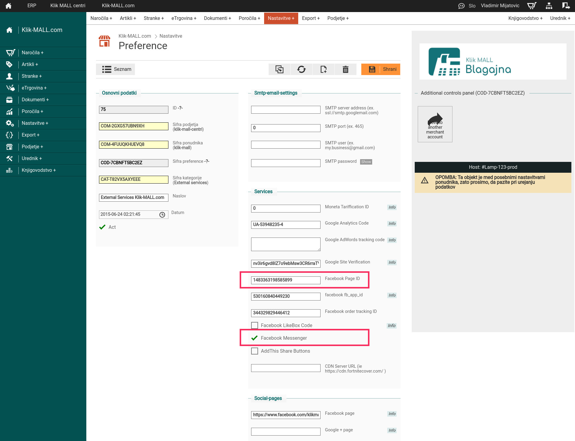 Klik-Mall Preference > Facebook Page ID + check Facebook Messenger