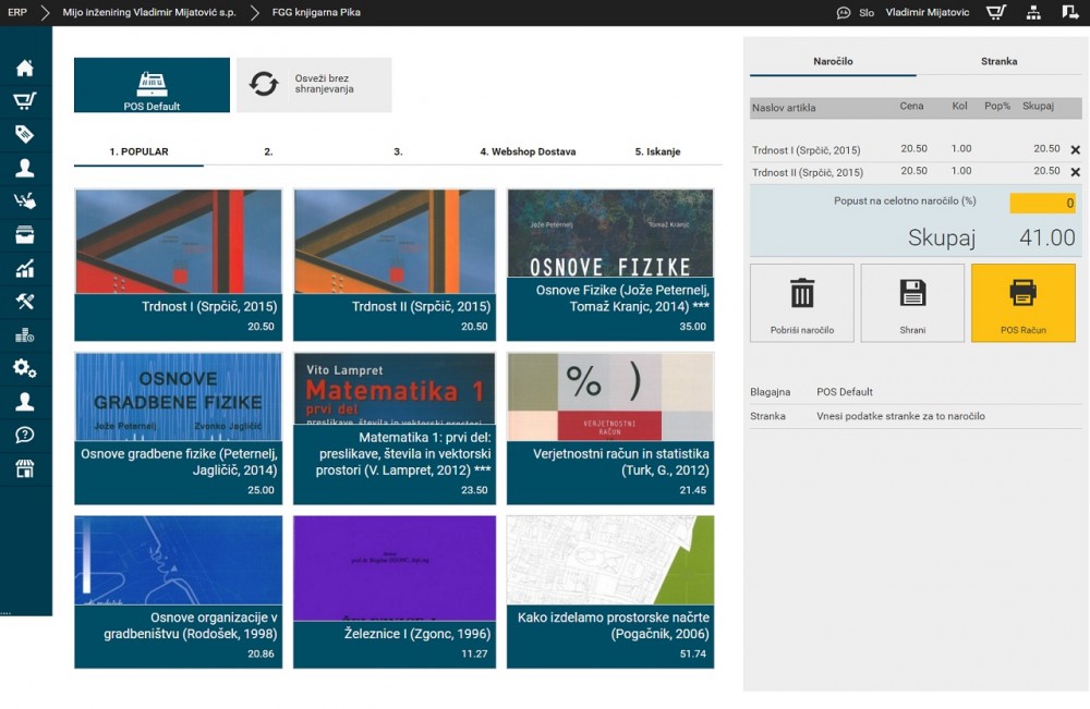 POS blagajna za prodajo knjig - bližnjice do najbolj pogosto prodajanih knjig s slikami platnice posamezne knjige.