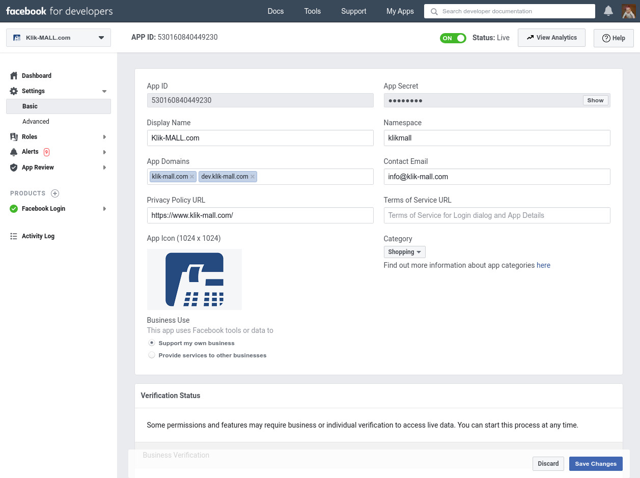 Facebook Developers dashboard za vaš App.