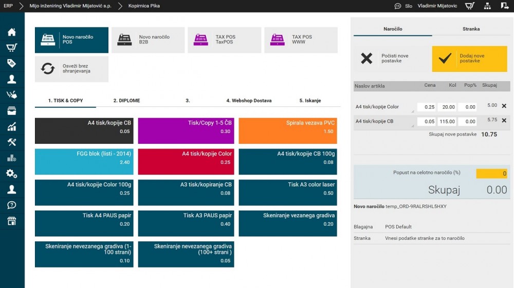POS blagajna v Kopirnici Pika - najbolj prodajani artikli na enem mestu, artikli iz sklopa vezave diplom na posebnem Tab-u. Tukaj ni slik artiklov, zato imamo nastavljene bližnjice samo kot Gumb s textom. Smo pa uporabili barve za ozadja glavnih artiklov, da je bila uporaba še lažja - ČB kopije so imele črno ozadje, FGG bloki so dejansko bili svetlo modre barve, barvne kopije so imele barvno ozadje... Videti so kot majhni dodatki, ampak slika (ali barva) pove več kot tisoč besed. In delo z blagajno je bilo zato bistveno lažje. Deluje tudi kot eden od ukrepov za zmanjšanje števila napak.