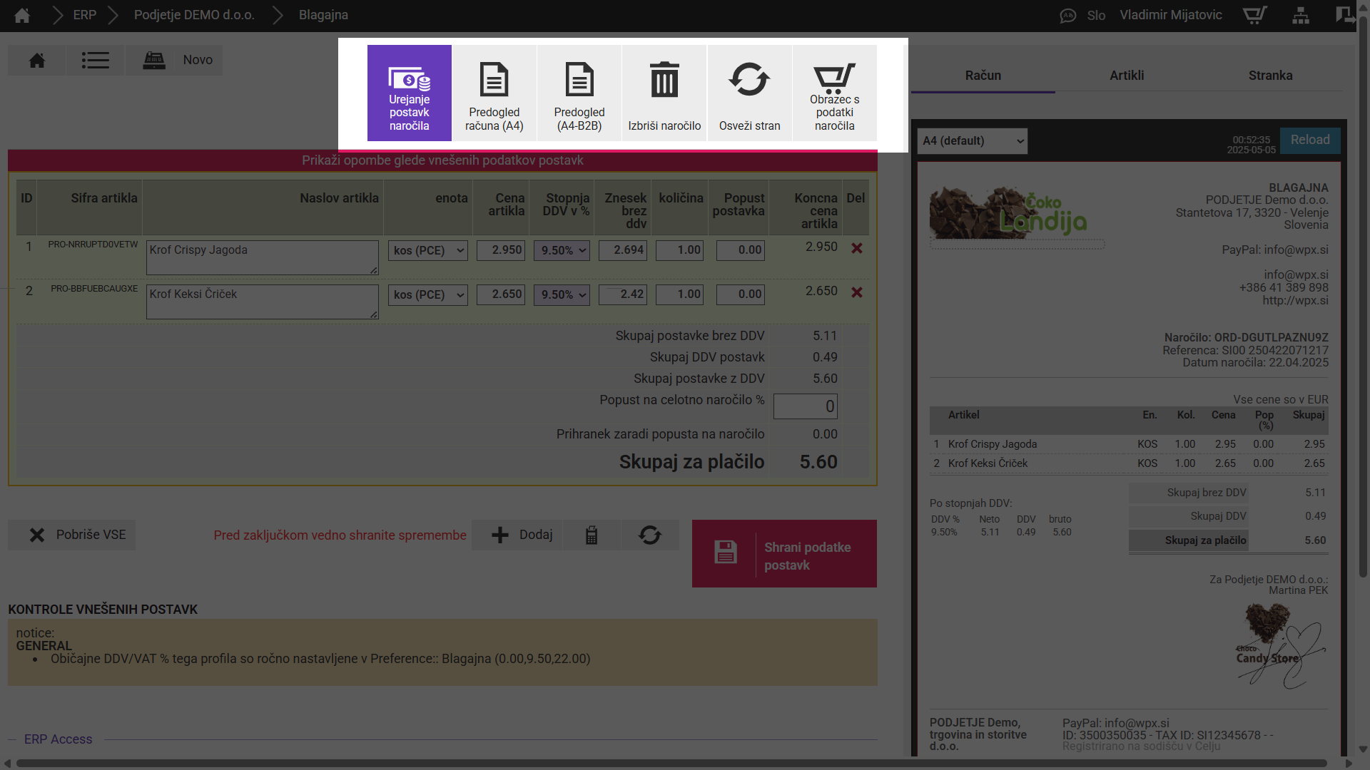 Menu na blagajni PRED nadgradnjo