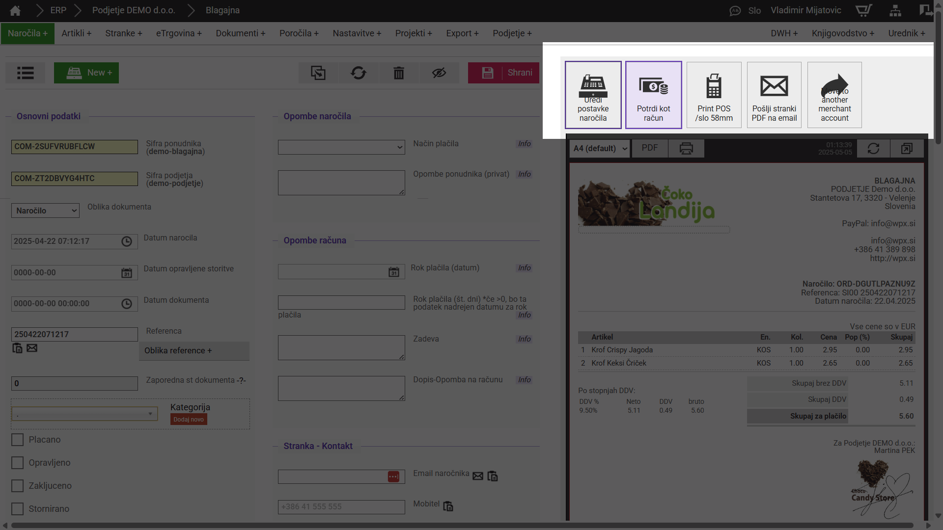 Menu na obrazcu naročila PO nadgradnji