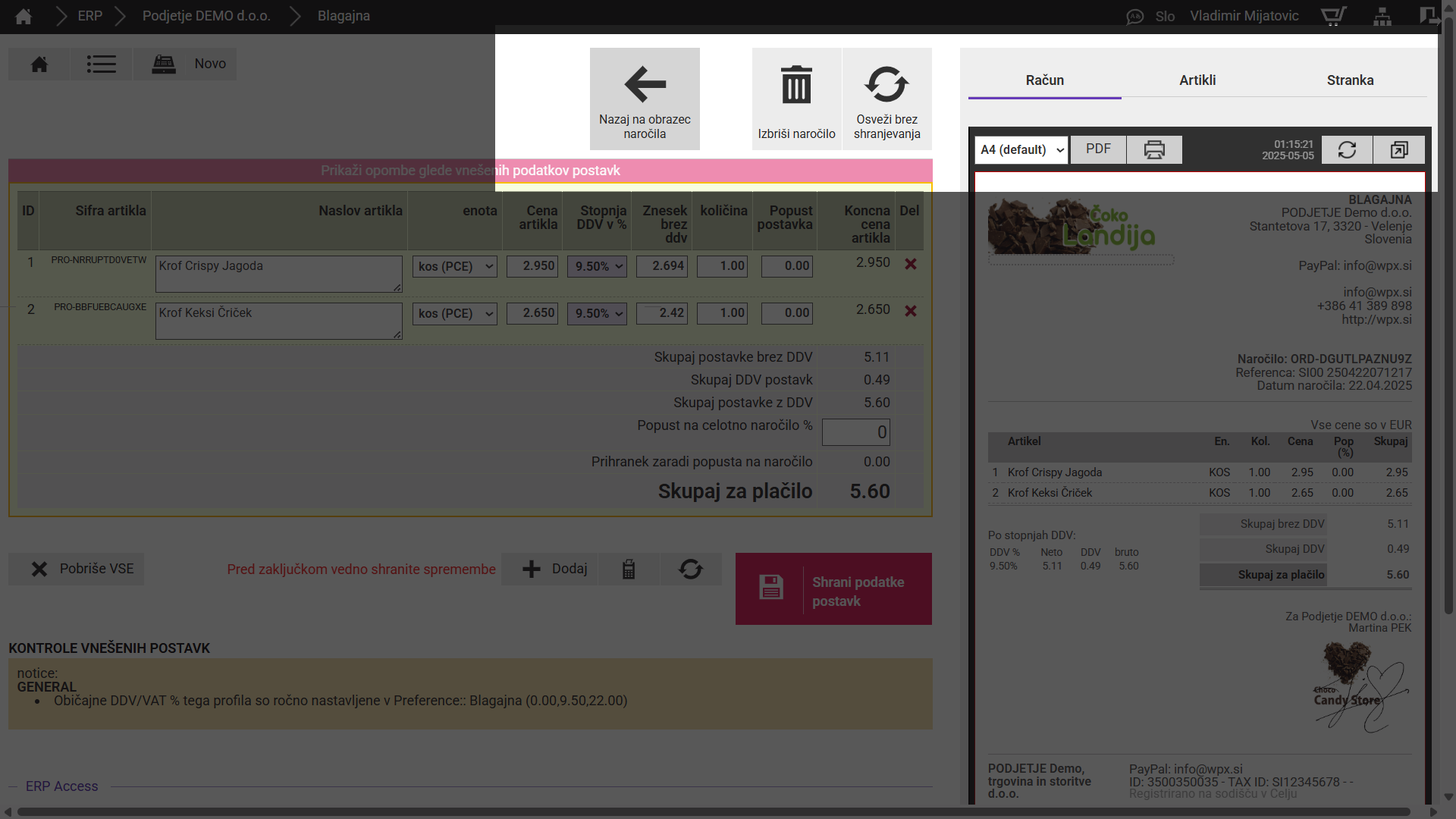 Menu na blagajni PO nadgradnjo