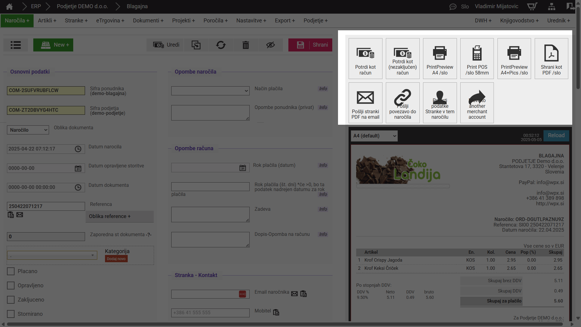 Menu na obrazcu naročila PRED nadgradnjo