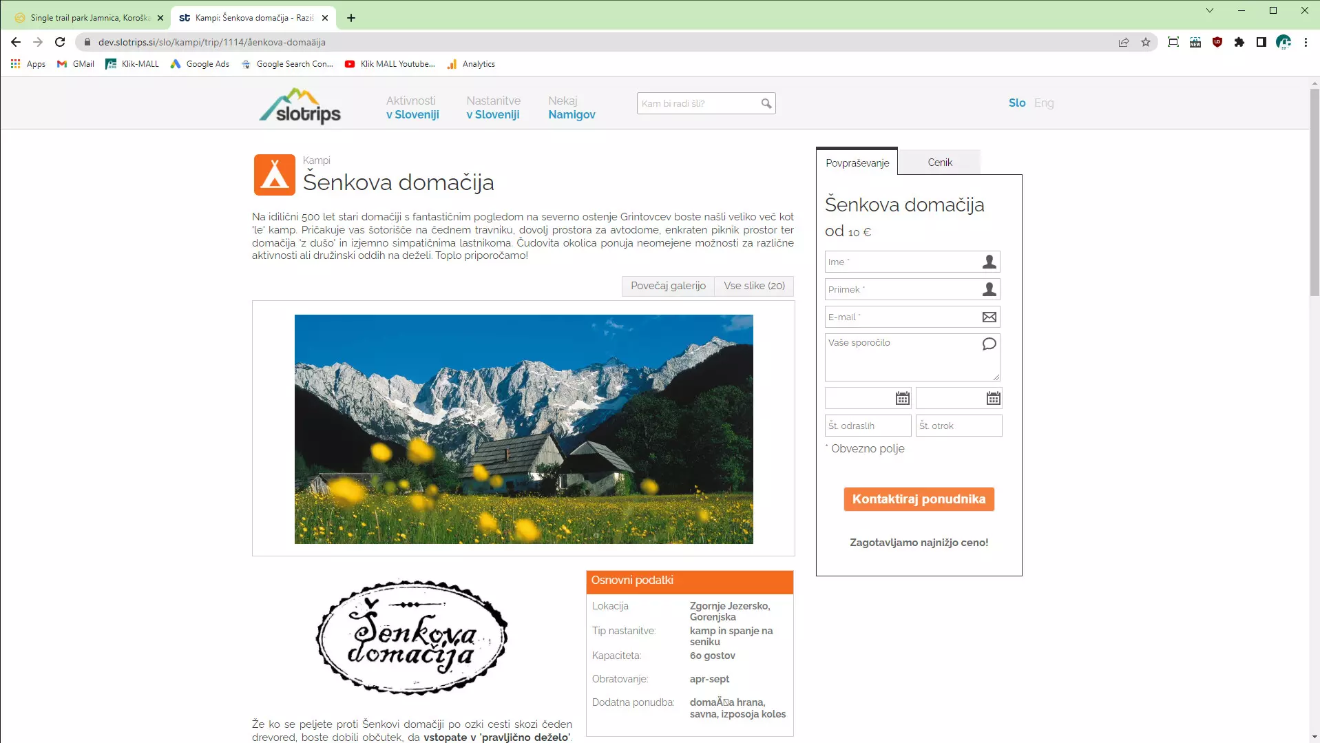 Prej: prikaz posamezne strani nastanitve