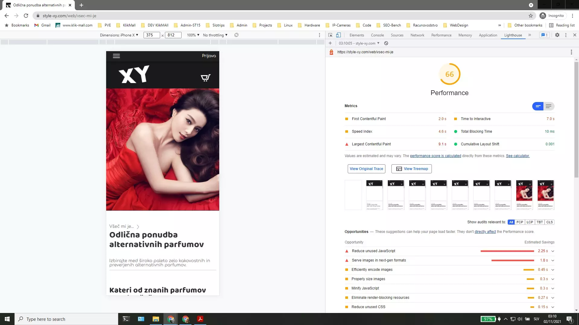Core Web Vitals test - Mobile - Začetno stanje
